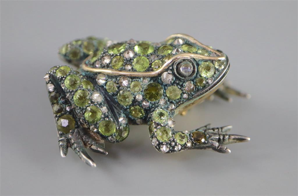A Victorian gold and silver, peridot, diamond and moonstone encrusted brooch, modelled as a frog,